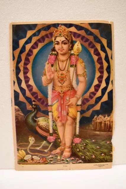 Vintage Lithograph Print God Murugan Kartikeya Indian Hindu Mythology