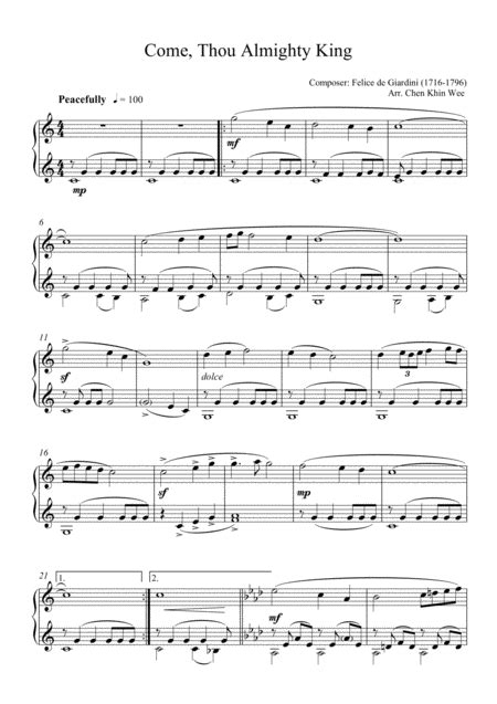 Come Thou Almighty King Piano Solo Arr Kw Chen Sheet Music