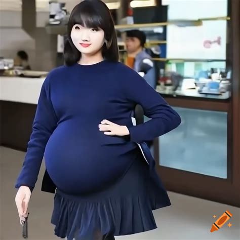 Heavily Pregnant Japanese Girl In Navy Blue Sweater And Skirt On Craiyon