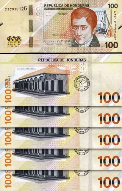 HONDURAS 100 LEMPIRAS 2022 2024 UNC 5 Pcs LOT Consecutive P New