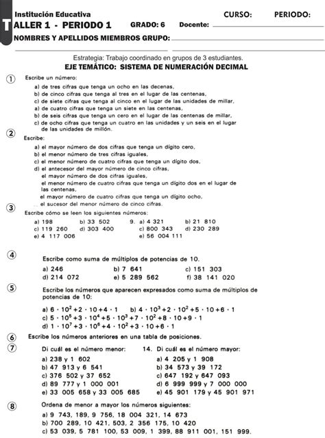 Tema Sistema De Numeraci N Decimal Con Taller Grados Y