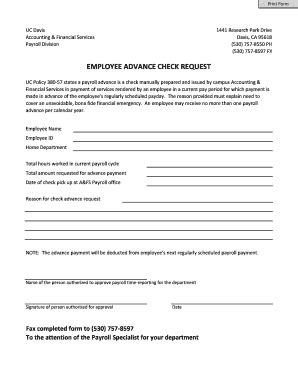 Fillable Online Payroll Ucdavis Advance Payroll Check Request Form UC