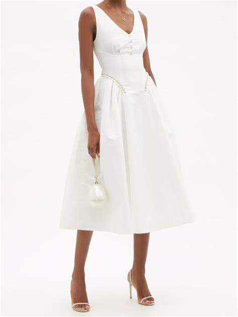 Self Portrait Faux Pearl Embellished Taffeta Midi Dress White