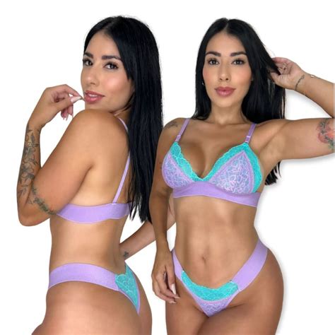 Conjunto Lingerie Renda Bicolor Sensual Neon Moda Conforto Sexy Feminino Sutiã sem Bojo e