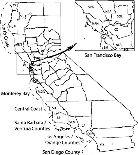 Map of defined geographic regions in coastal California. County ...