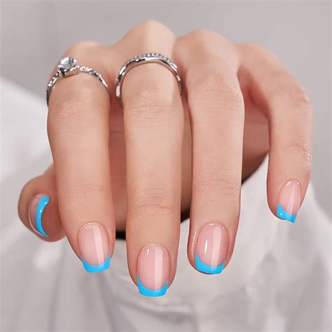 Short Press On Nails Btartbox Blue Fake Nails Square Soft Gel Press On Nails With