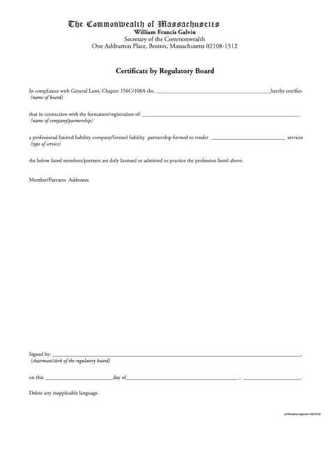 Fillable Certificate By Regulatory Board Form Secretary Of The Commonwealth The Commonwealth