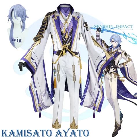 Genshin Impact Kamisato Ayato Cosplay Costume Uniform Wig Anime Halloween Costumes For Men Game