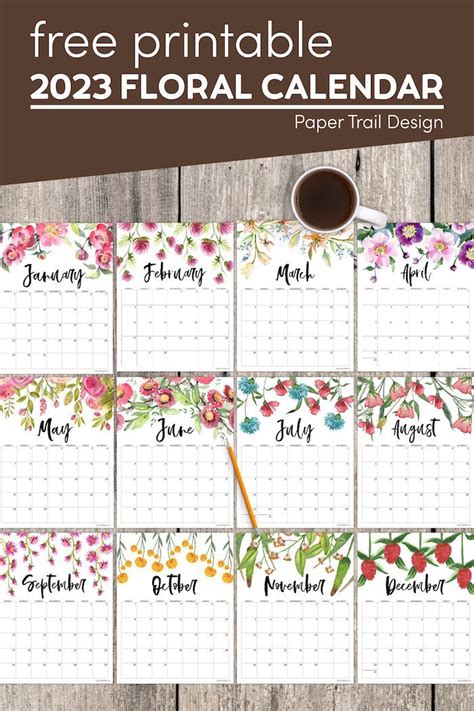 Free Printable 2023 Floral Calendar - Paper Trail Design | Free printable calendar templates ...