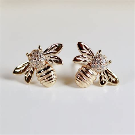 Real Diamond Bumble Bee Earrings 14k Gold Solid Gold Real Honey Bee