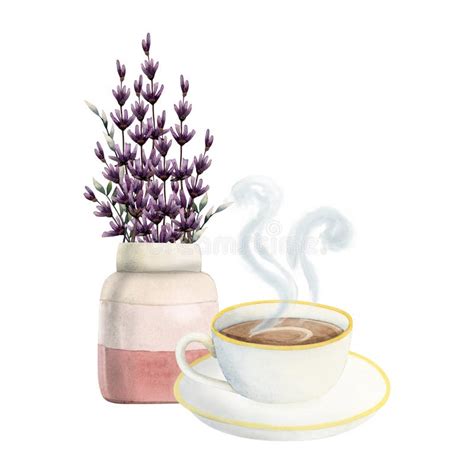 Lavender Coffee Cup With Hot Cappuccino With Steam And Vase With