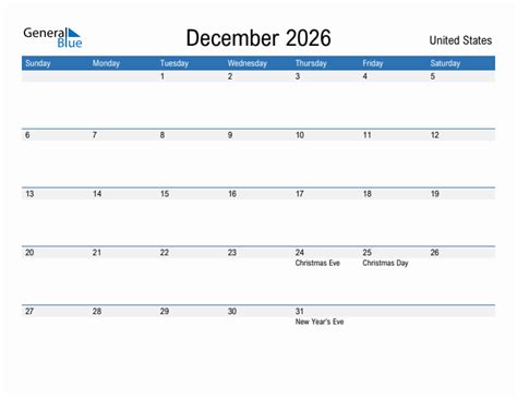 December 2026 Monthly Calendar with United States Holidays