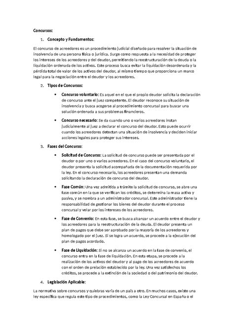 Resumen Concursos Y Quiebras Concursos 1 Concepto Y Fundamentos El