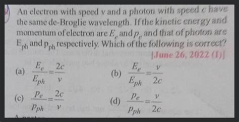 An Electron With Speed V And A Photon With Speed C Have The Same De Brogl