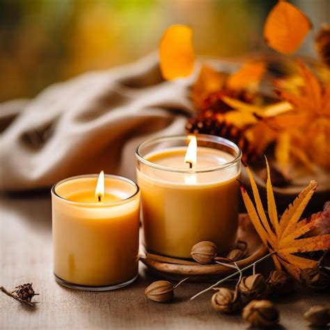 Premium AI Image | Candles and autumn leaves on a wooden background