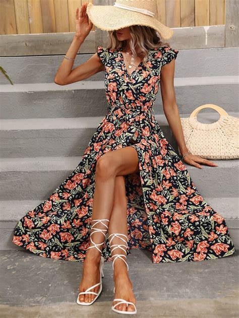 SHEIN VCAY Allover Floral Print Ruffle Trim Wrap Hem Belted Dress