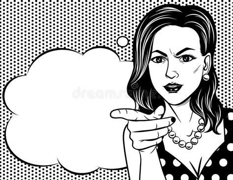 Vector Black And White Poster Of Woman`s Face In Pop Art Style Over Dot Pattern Background