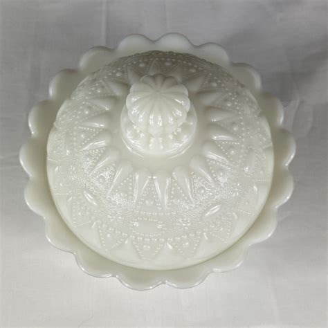 Vintage Kemple White Milk Glass Lace And Dewdrop Covered Dish Etsy