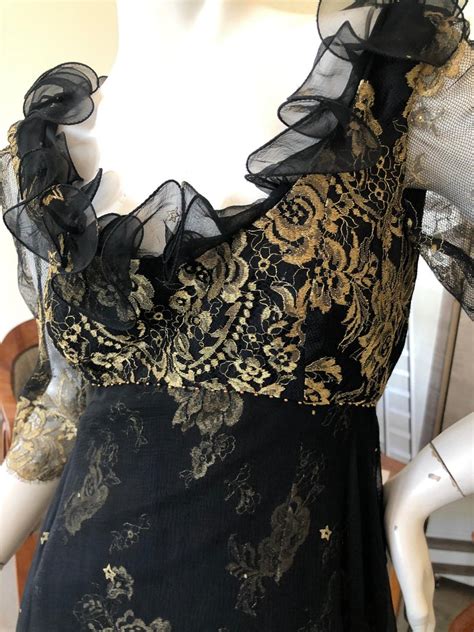 Zandra Rhodes London For Saks Fifth Avenue 80s Gold Lace Ruffled Dress For Sale At 1stdibs