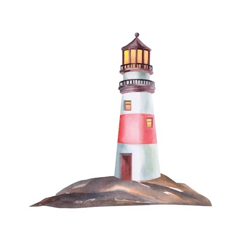 Premium Vector Lighthouse On The Rocks Watercolor Illustration