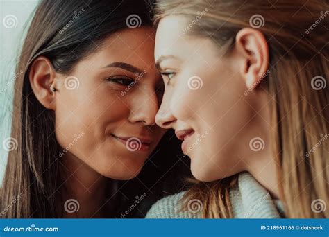 Diverse Friends Girls Lesbian Couple Hugging Stylish Cool Generation Z