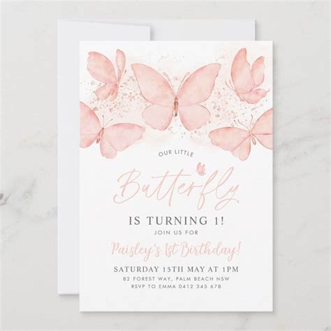 Peach Butterfly 1st Birthday Invitation Baby Girl Size 5 X 7 Gender