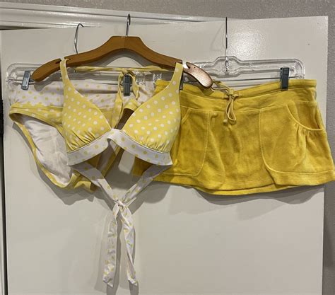 Victorias Secret 3 Piece Bikini Set Polka Dot Yellow Gem