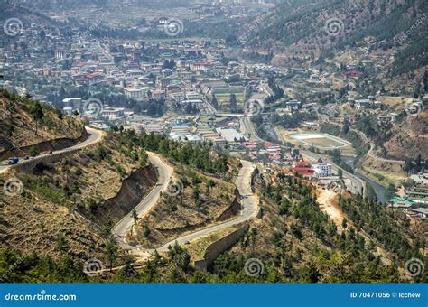 The Winding Hill Road and Aerial View of Thimphu City in Bhutan Stock ...