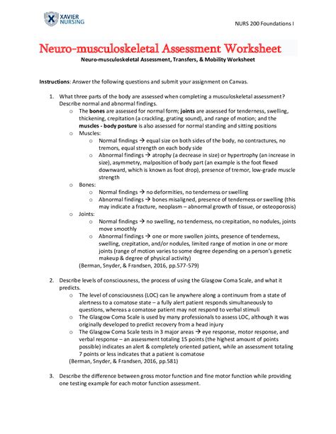 Nurs Neuro Musculoskeletal Assessment Worksheet Browsegrades