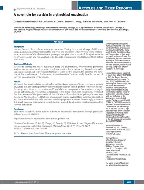 PDF A Novel Role For Survivin In Erythroblast Enucleation