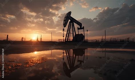 Crude Mining Concept Crude Oil Pump Jack At Oilfield On Sunset