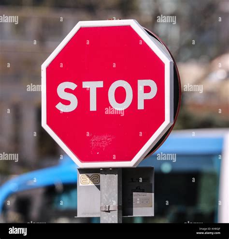 Red Stop Sign Shallow Depth Of Field At An Intersection In Madrid