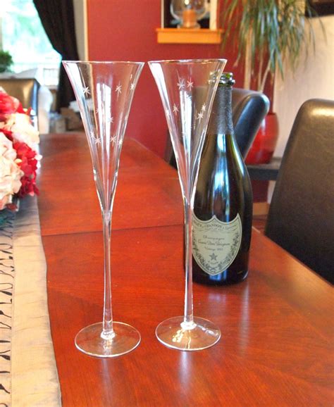 Tall Unique Champagne Flutes With Etched Stars Set Of 2 Unique