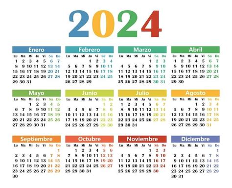 A Spanish Calendar For The Year And With Colorful Numbers On