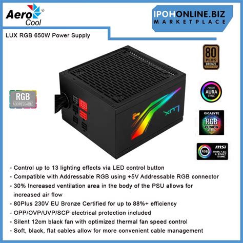 AEROCOOL LUX RGB 650W POWER SUPPLY UNIT 80 Plus 230V Bronze Certified