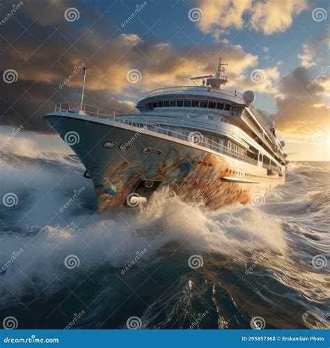 Luxurious Yacht Crashing High Waves in Hot Summer Stock Illustration