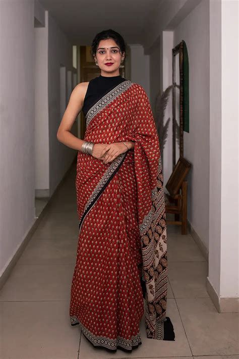 Ruby Red Bagru Hand Block Print Saree Made Of Mulmul Cotton Moora