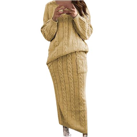 Womens Winter Chunky Cable Knit Long Skirt 2 Piece Outfit Long Sleeve Crewneck Sweater High