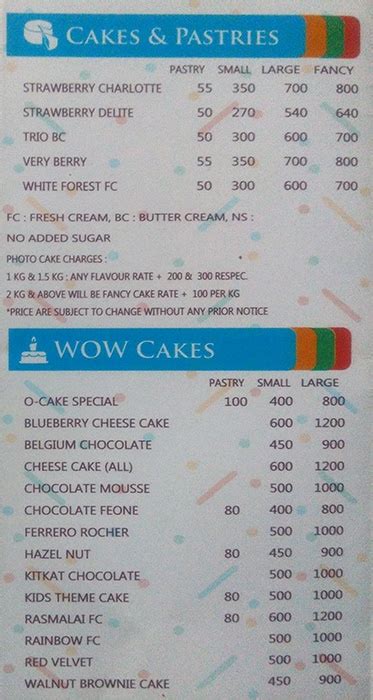 Menu Of O Cakes Sakinaka Mumbai