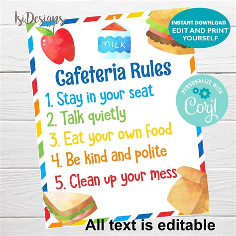 School Cafeteria Editable Rules Sign, Instant Download, Lunchroom ...