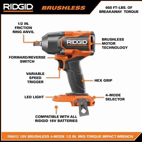 RIDGID R86012B 18V Brushless Cordless 4 Mode 1 2 In Mid Torque Impact