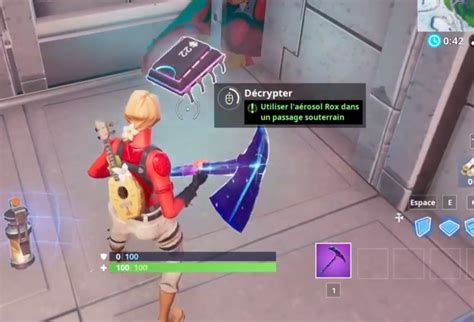 Solution défi Fortnite Décryptage 22 Utiliser laérosol Rox dans un