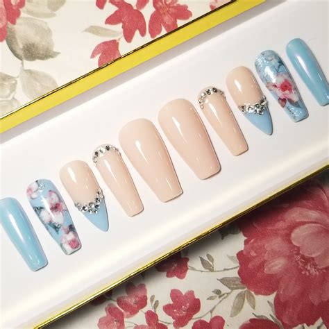 Blush Nude Pale Pink And Blue Any Size Press On Tips With Etsy