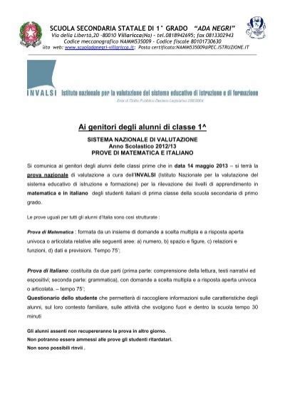 Lettera Alle Famiglie INVALSI Scuola Media Ada Negri