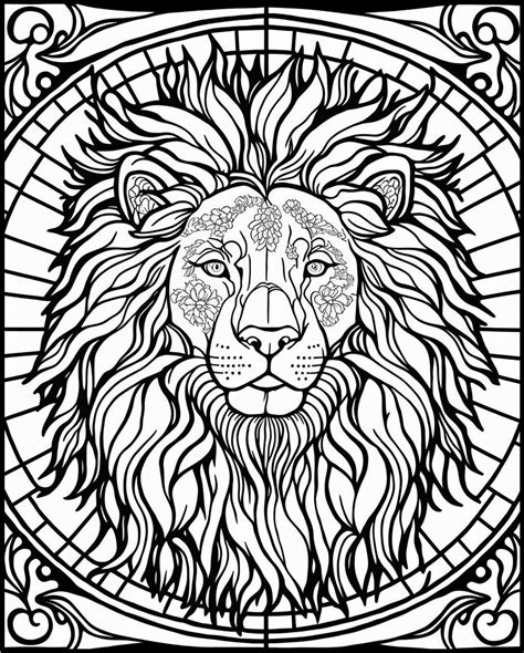 Lion Stained Glass Window Printable Adult Coloring Page From