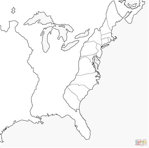 Thirteen Colonies Blank Map coloring page | Free Printable Coloring Pages