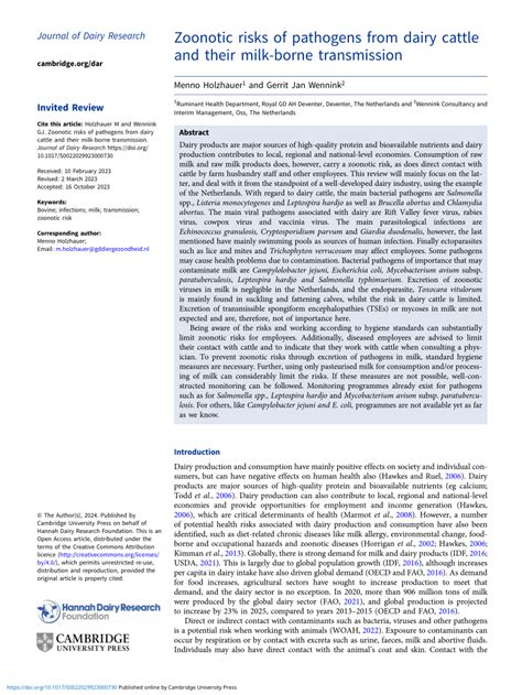 Pdf Zoonotic Risks Of Pathogens From Dairy Cattle And Their Milk