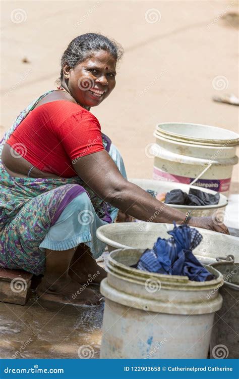 Indian Poor Woman Wash Clothes In Street Rural Village Editorial Stock