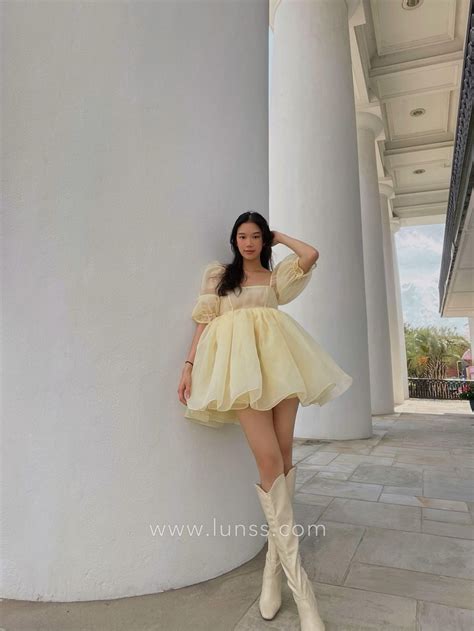 Short Puff Sleeve Banana Yellow Organza Short Party Dress Lunss