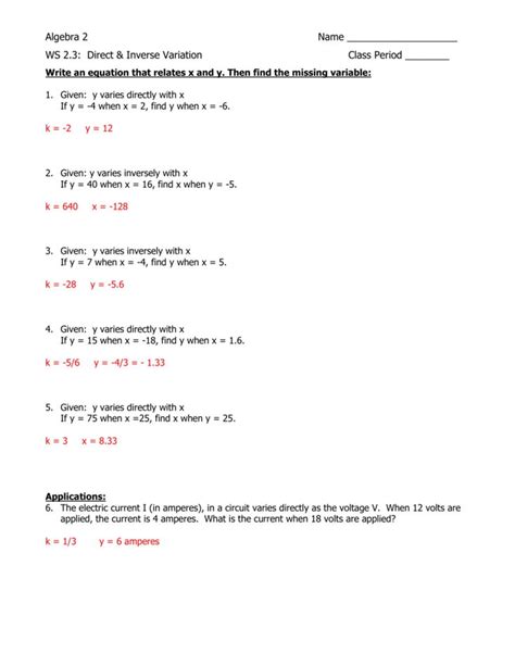 Word Problems Inverse Variation